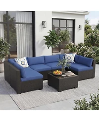 homfan 7-Piece Outdoor Sectional Set with Pe Rattan Wicker, Thick Cushions and Tempered Glass Coffee Table, Modular Patio Seating