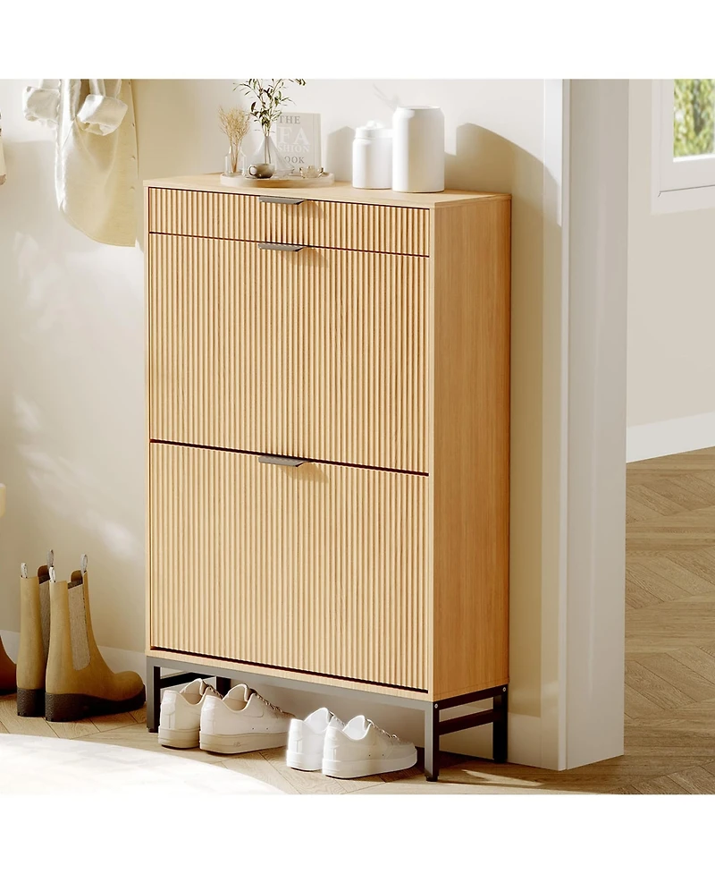 homfan Narrow Shoe Cabinet Storage for Entryway, Modern Fluted Shoe Rack Organizer with 2 Flip Drawers and An Open Shelf for Hallway, Living Room