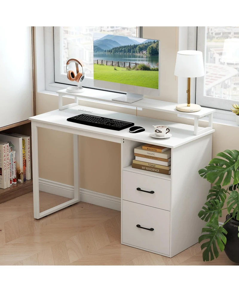 Slickblue Modern Computer Desk with Power Outlets and File Drawer