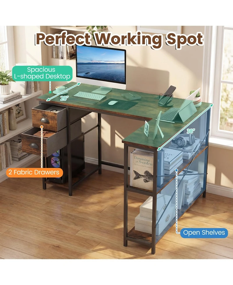 Slickblue L Shaped Desk with Charging Station and 2 Fabric Drawers