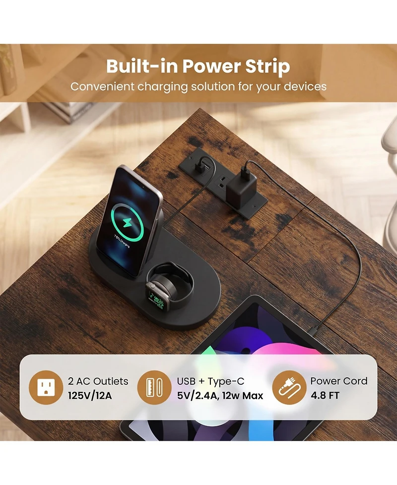 Slickblue Modern Computer Desk with Charging Station and Hidden Compartment