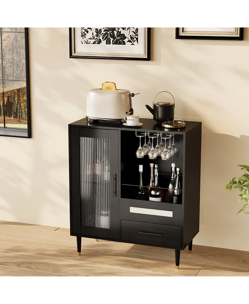 homfan Modern Bar Cabinet - Tempered Glass Door and Drawers, Storage Sideboard for Wine and Coffee in Kitchen or Living Room