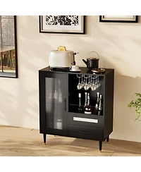 homfan Modern Bar Cabinet - Tempered Glass Door and Drawers, Storage Sideboard for Wine and Coffee in Kitchen or Living Room