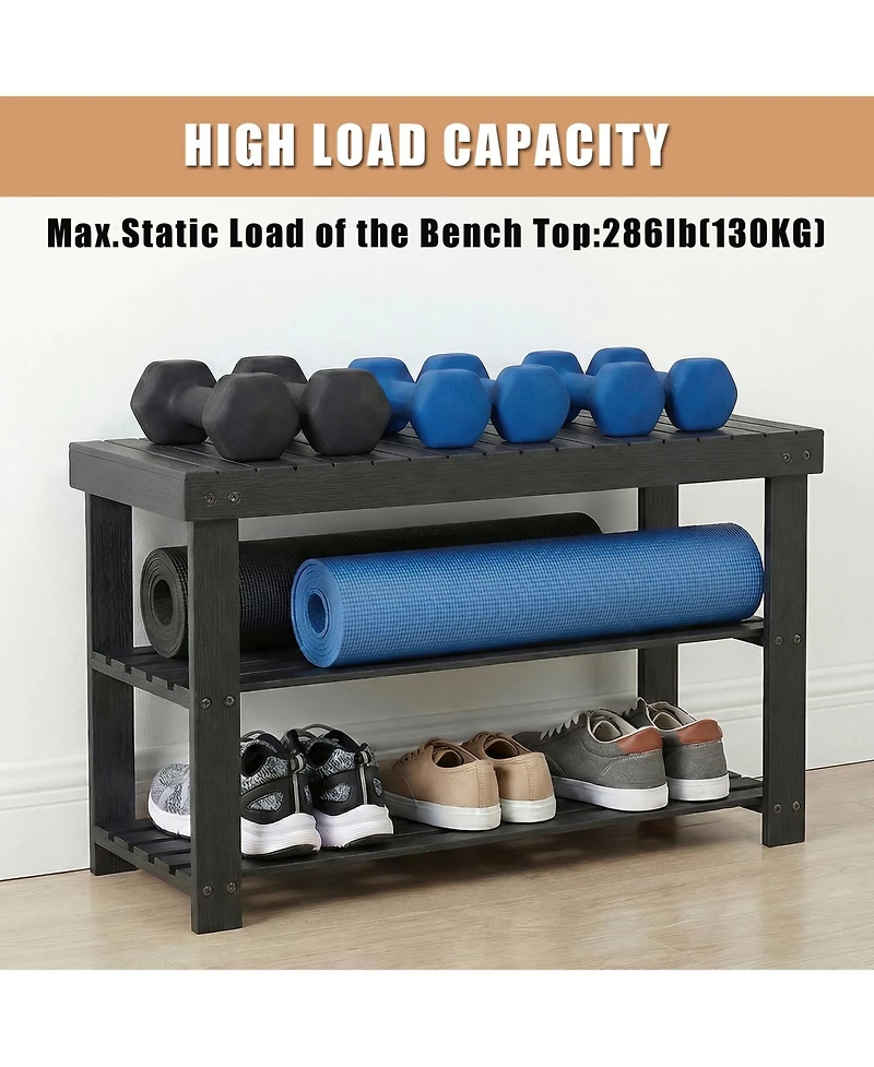 homfan 3-Tier Bamboo Shoe Rack Bench, 27.56" Long Entryway Organizer, Front Door Storage Bench Holds Up to 286 Lbs, for Bedroom, Living Room