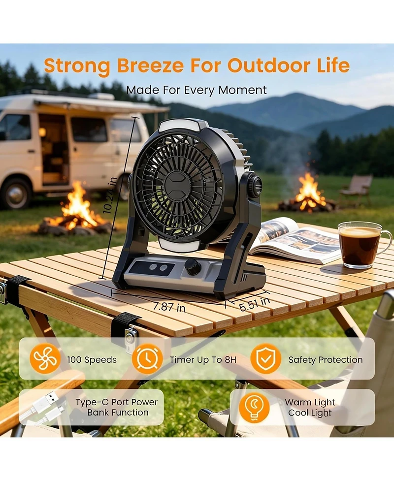 Cowsar 10000mAh Rechargeable Camping Fan with Timer and Light