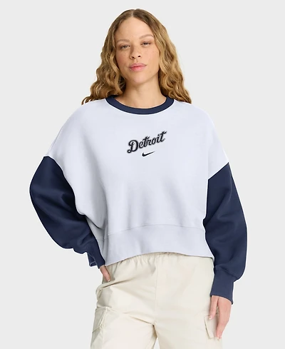 Nike Women's White/Navy Detroit Tigers Oversized High Hip Fleece Sweatshirt