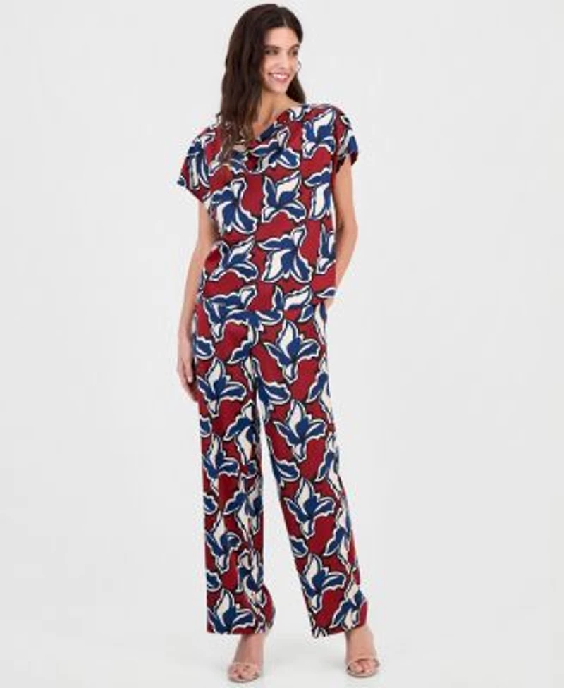 Anne Klein Womens Printed Cowl Neck Short Sleeve Top Printed Pull On Wide Leg Pants