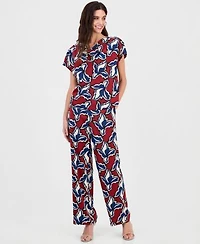 Anne Klein Womens Printed Cowl Neck Short Sleeve Top Printed Pull On Wide Leg Pants