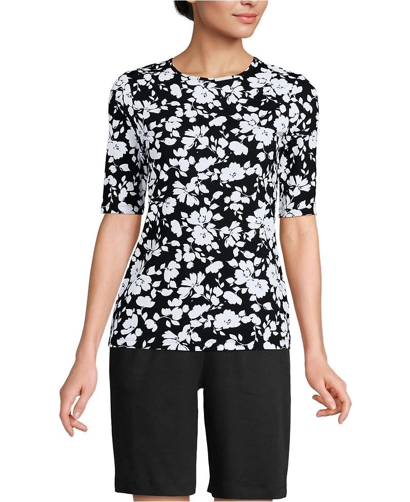 Lands' End Women's Elbow Sleeve Crewneck Garden Tee- Sunshade Upf 50 Quick Dry
