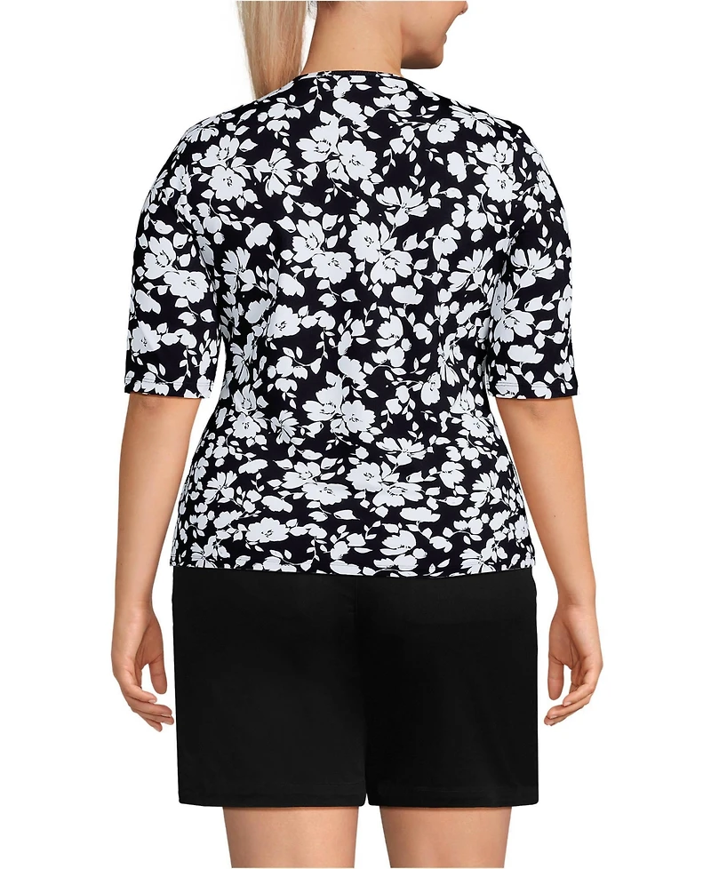 Lands' End Plus Elbow Sleeve Crewneck Garden Tee- Sunshade Upf 50 Quick Dry