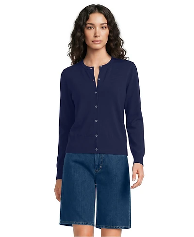 Lands' End Women's Fine Gauge Cotton Crew Cardigan Sweater
