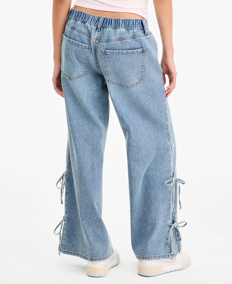 Vanilla Star Juniors' Wide-Leg Elastic Back Side Tie Jeans