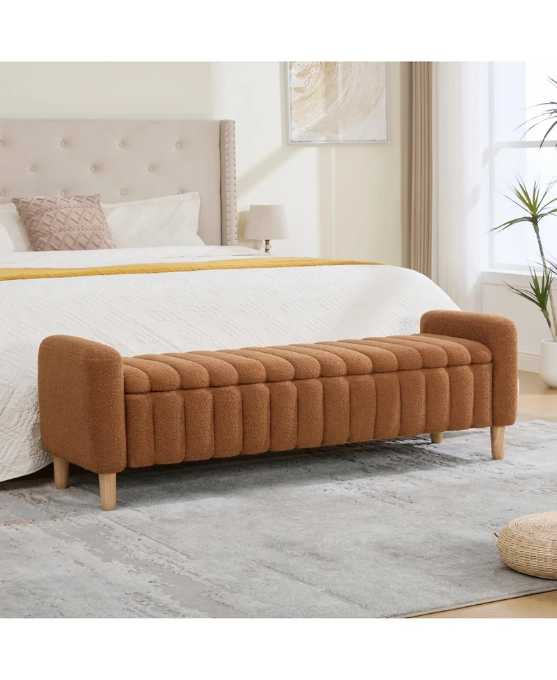 Rainsken 63.4"W Modern Upholstered End of Bed Bench, with Flip-Top Storag, Entryway Benches, Armrests and Solid Wood Legs, for Bedroom