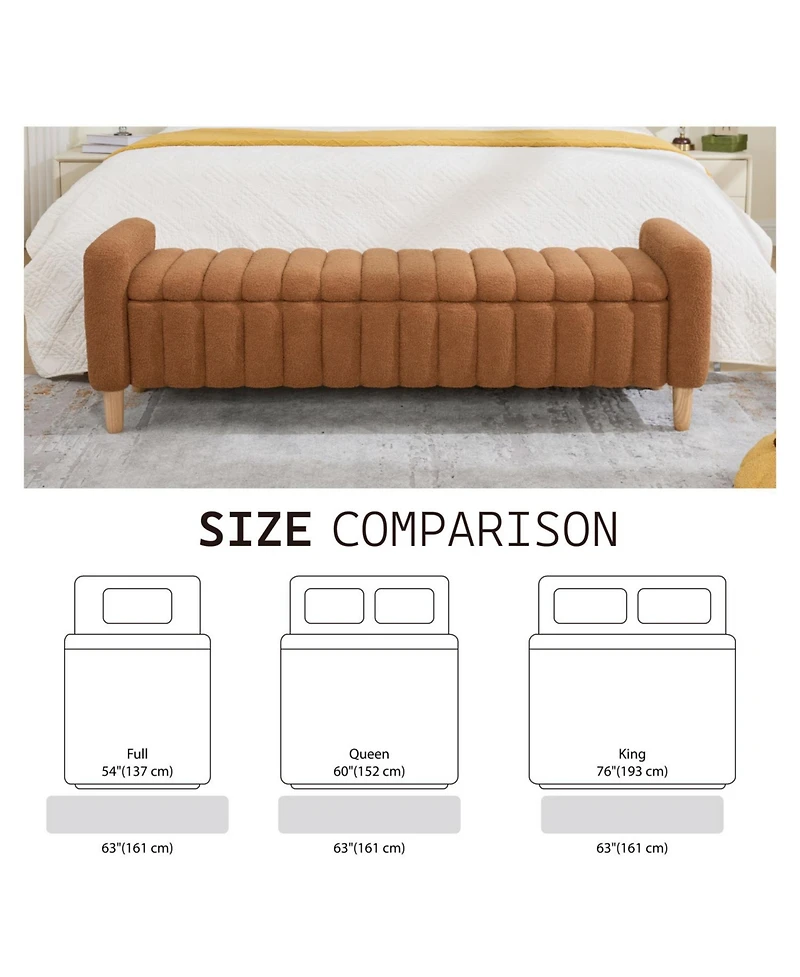 Rainsken 63.4"W Modern Upholstered End of Bed Bench, with Flip-Top Storag, Entryway Benches, Armrests and Solid Wood Legs, for Bedroom