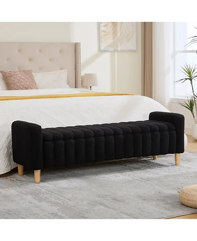 Rainsken 63.4"W Modern Upholstered End of Bed Bench, with Flip-Top Storag, Entryway Benches, Armrests and Solid Wood Legs, for Bedroom