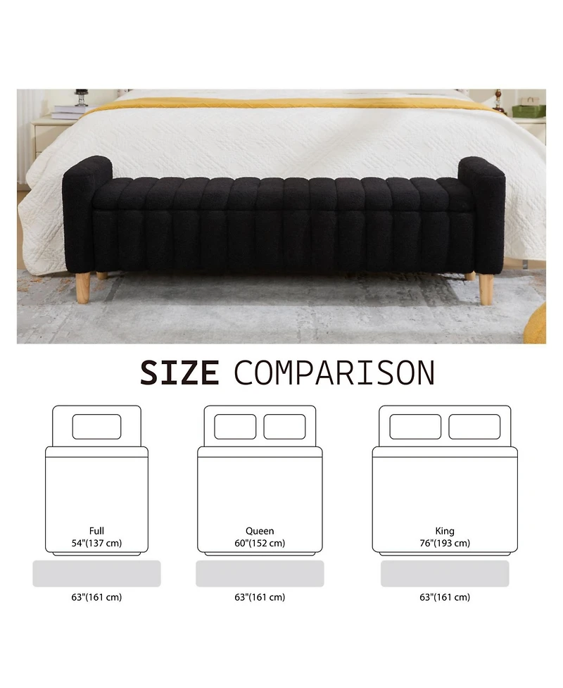 Rainsken 63.4"W Modern Upholstered End of Bed Bench, with Flip-Top Storag, Entryway Benches, Armrests and Solid Wood Legs, for Bedroom