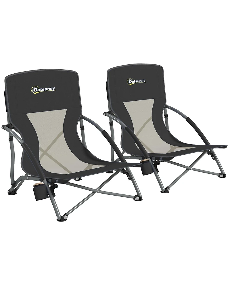 Outsunny Set of 2 Folding Beach Chair with Carry Bag and Cup Holder