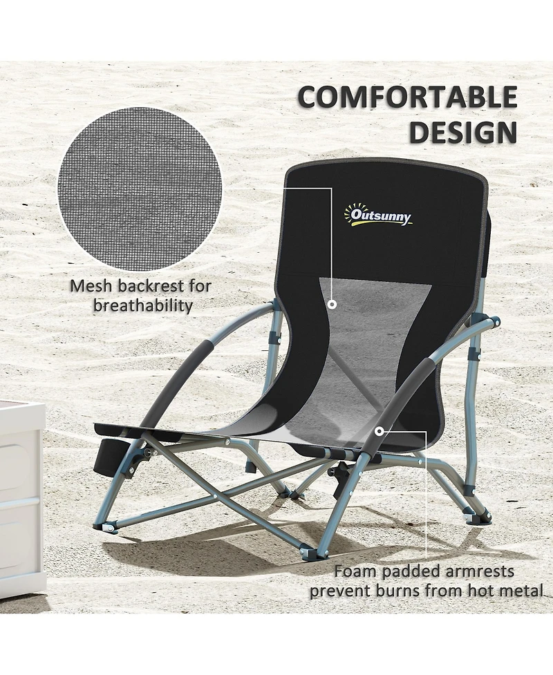 Outsunny Set of 2 Folding Beach Chair with Carry Bag and Cup Holder