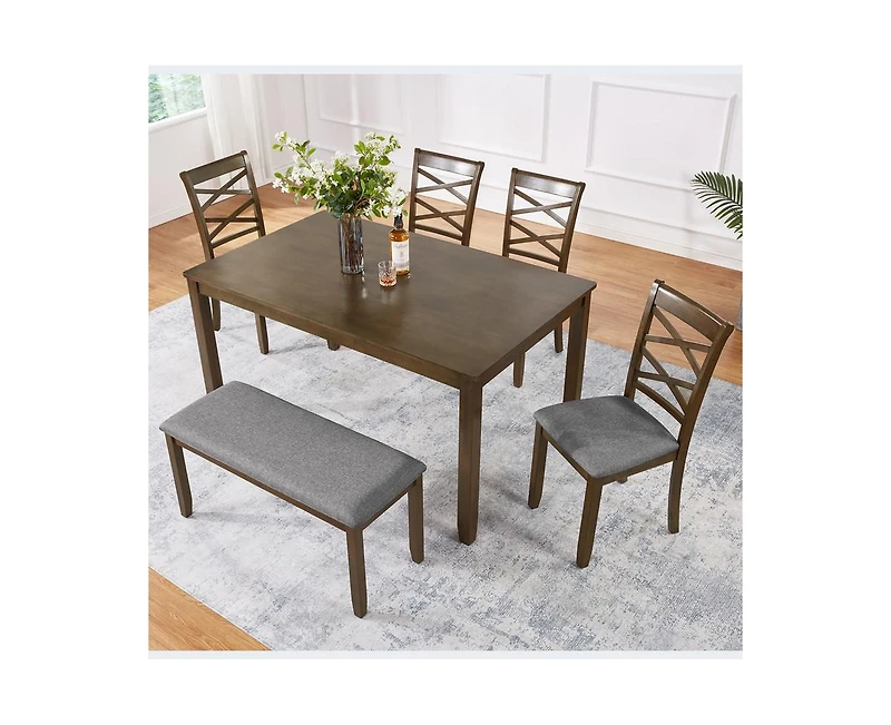 sumyeg Walnut Modern 6-Piece Dining Set with Rectangular Table 4 Chairs and Bench