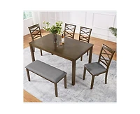 sumyeg Walnut Modern 6-Piece Dining Set with Rectangular Table 4 Chairs and Bench