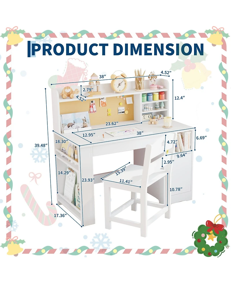 homfan Kids Study Desk and Chair Set with Storage, Tiltable Desktop, Hutch and Cabinet for Ages 3-8, Bedroom Writing Table