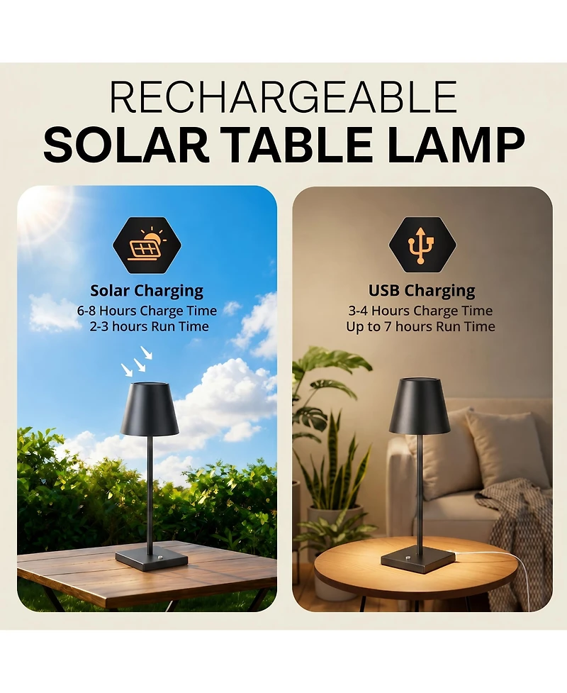 Bell + Howell Modern Design Solar Rechargeable Led Light with 3 Dimmable Modes Portable Table Lamp