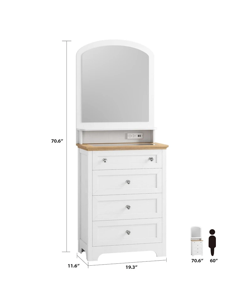 homfan Small Drawer Dresser with Mirror - Charge Station and Led Strip, Space Save White 4 Drawer Makeup Vanity Cabinet for Bedroom, Entryway