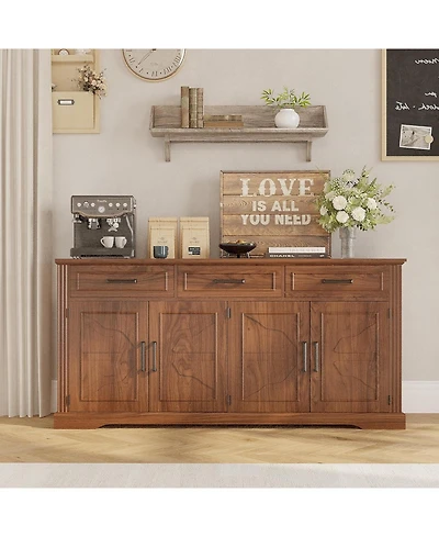homfan 66" Modern Farmhouse Sideboard Buffet Cabinet with 3 Drawers, 4 Doors and Adjustable Shelves, Coffee Bar Storage Credenza