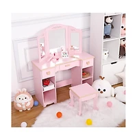 homfan Vanity Table and Chair Set with Tri-Fold Mirror – Wooden Princess Makeup Desk with 3 Drawers and Open Storage Shelves – Room Organization