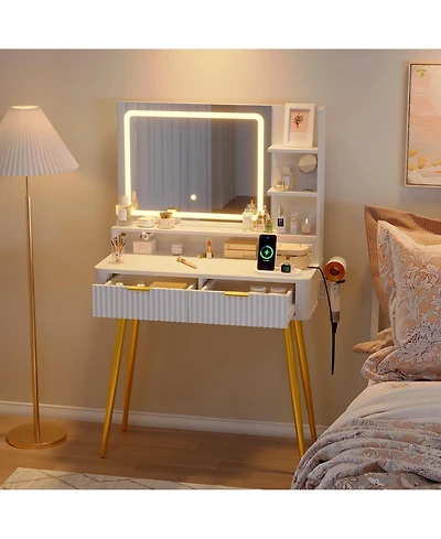 homfan 31.5" Led Makeup Vanity Desk with Lighted Mirror, 2 Drawers, 3 Color Lighting Modes and Built-in Power Outlet