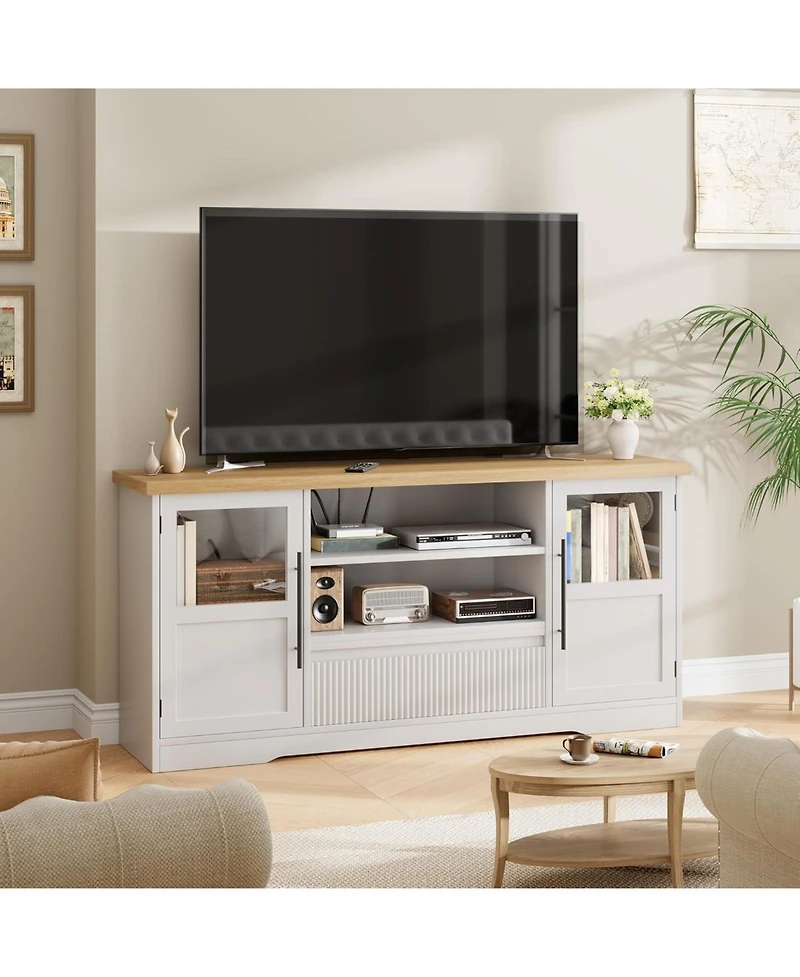 gaomon Farmhouse Tv Stand for TVs, Wave-Pattern Console with Glass Cabinets and Open Shelves