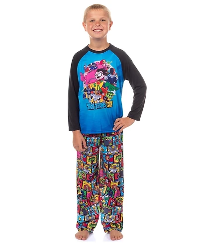 Teen Titans Go! Boys' Kids 14- 4 Filmstrip Pattern 2-Piece Raglan Long-Sleeve Sleep Shirt Pajama Pant Set