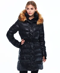 S13 Women's Faux-Fur Hooded Belted Shine Puffer Coat