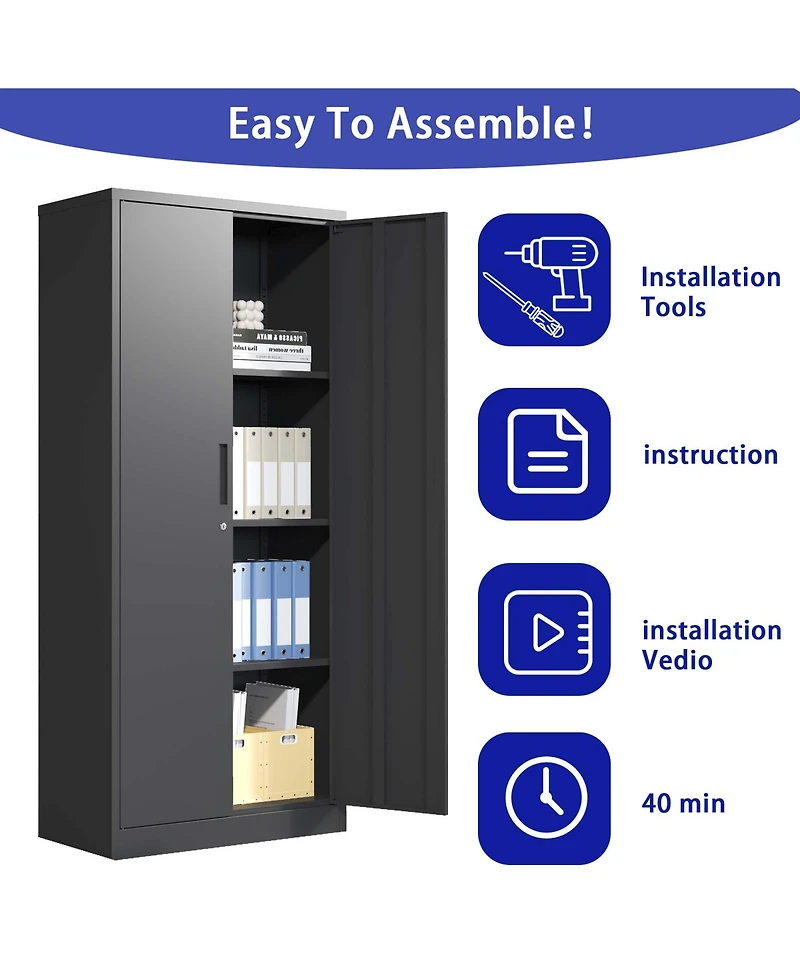 Boyel Living 71"H Metal Garage Storage Cabinet, Black Tool Steel Locking Cabinet with Doors and 3 Shelves