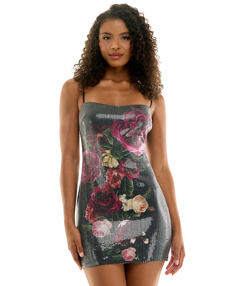Seni & Cade Juniors' Floral Sequin Slim Sweetheart Neck Short Dress