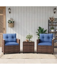 homfan Outdoor Wicker Patio Set with High-Back Chairs, Washable Cushions and Tempered Glass Side Table for Porch or Balcony