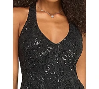 Emerald Sundae Juniors' Halter Neck Sequin Embroidered Lace Fit & Flare Short Dress