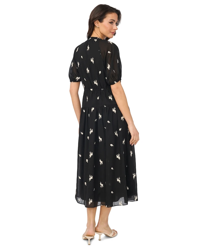 CeCe Women's Printed V-Neck Tie-Waist Midi Dress