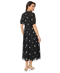 CeCe Women's Printed V-Neck Tie-Waist Midi Dress