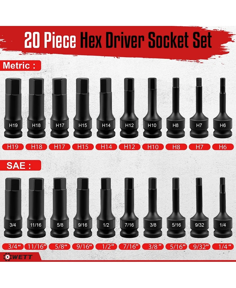 Xdovet Impact Hex Bit Socket Set 1/2inch Drive 20pc Sae Metric Cr-v