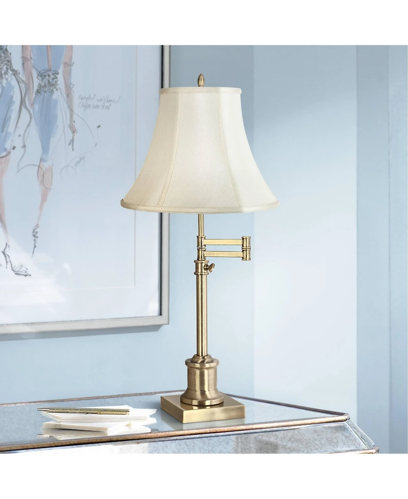 360 Lighting Traditional Swing Arm Desk Table Lamp Adjustable Height 36" Tall Antique Brass Imperial Fabric Bell Shade Living Room