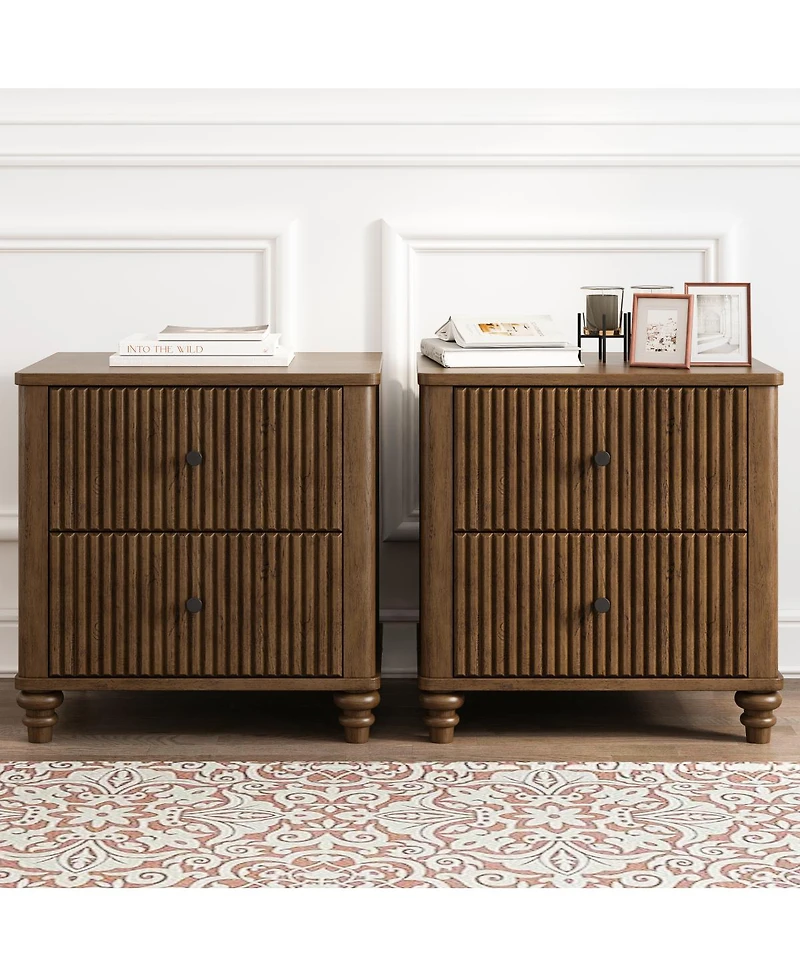 Streamdale Furniture Fluted 3-Drawer Nightstand Set Mid-Century Modern Wood Side Table (2-Piece