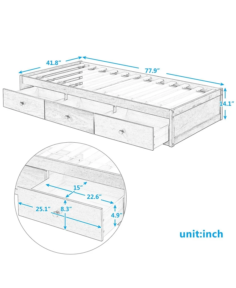 Boyel Living Twin Platform Bed with 3 Drawers, Solid Pinewood Storage Frame, Wood Finish, for Kids and Teens
