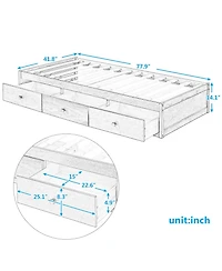 Boyel Living Twin Platform Bed with 3 Drawers, Solid Pinewood Storage Frame, Wood Finish, for Kids and Teens