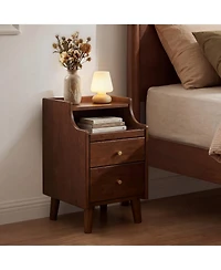 Gymax Wood Nightstand w/ 2 Drawers Narrow Bedside Table w/ Pull-out Tray and Cable