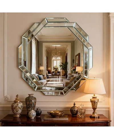 Laoties 30" Octagonal Wall Mirror, Frameless Beveled Vanity Mirror for Bathroom, Entryway and Dining Room