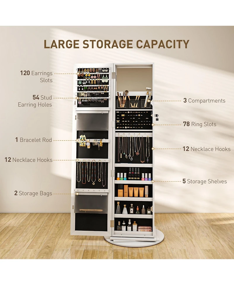 Phying Freestanding Jewelry Armoire 360 Degree Swivel Lockable Cabinet with Full Length Mirror and Storage Shelves