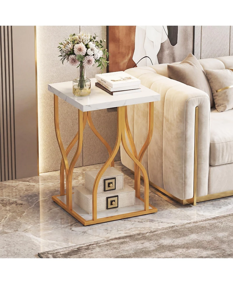 Gymax Faux Marble Nightstand 2-Tier End Table w/Storage Shelf Metal Frame for Bedroom