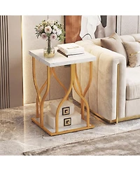 Gymax Faux Marble Nightstand Set of 2 2-Tier End Table w/ Storage Shelf and Metal Frame