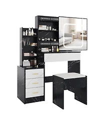 homfan Vanity Desk with Sliding Led Mirror, 4 Drawers, Storage Shelves, Power Outlet, Cushioned Stool, 3-Light Makeup Table, Marble